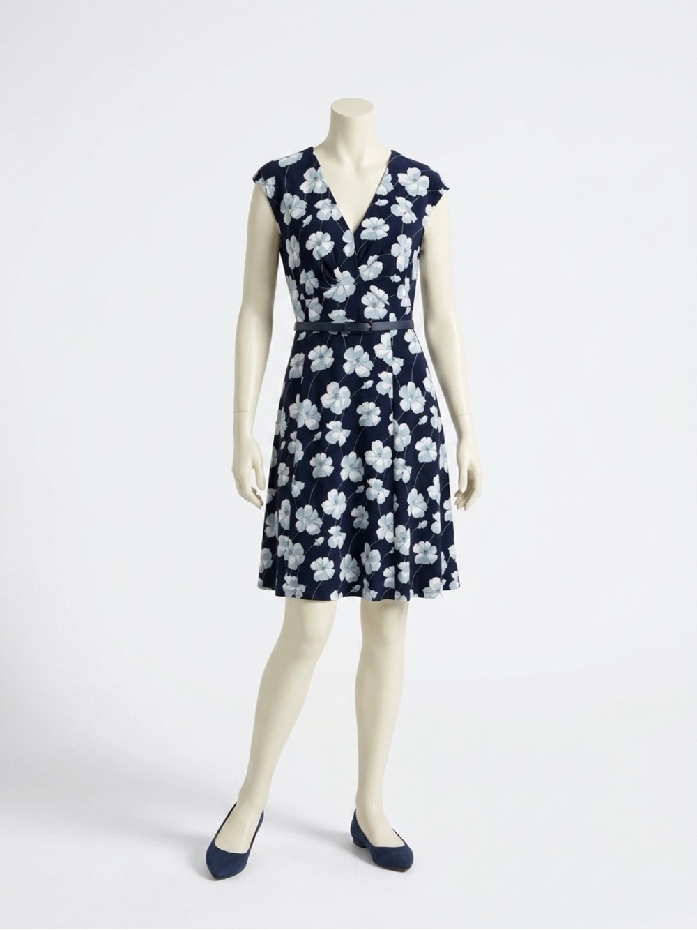 Chaps Navy and White Floral V-Neck Fit & Flare Dress